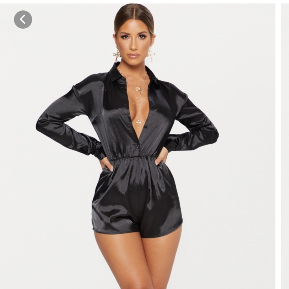Black Satin Shirt Romper